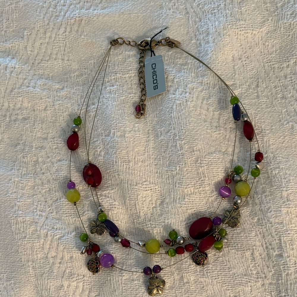 Chico's Multicolor Beaded Layered Necklace - Red, Green, Purple & Yellow